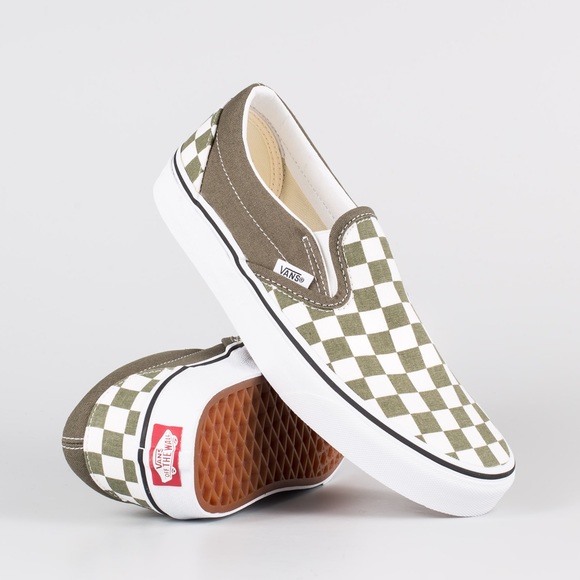 olive green checkered slip on vans